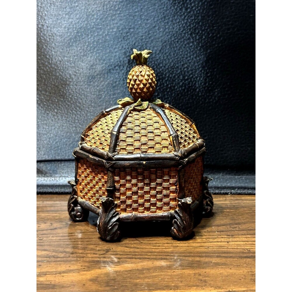 Vintage Octagon Bamboo Basket Weave Trinket Box With Pineapple Lid